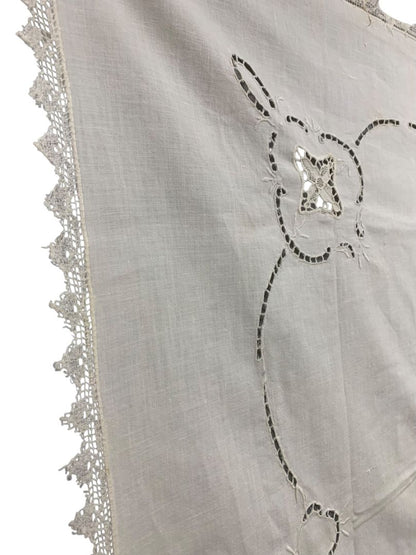 Vintage Ivory Linen Tablecloth Lace Edge 33" x 36"
