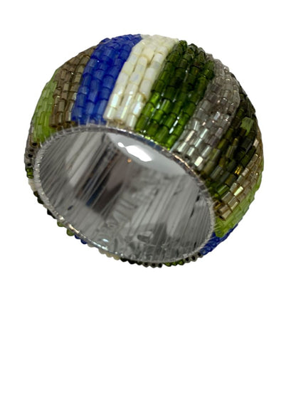 Set of 12 Beaded Napkin Rings Silvertone White Blue Green Stripes