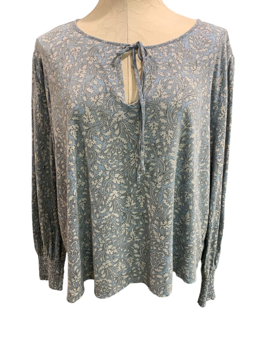 Size XL Lucky Brand Womens Knit Peasant Style Top Blue Ivory Boho