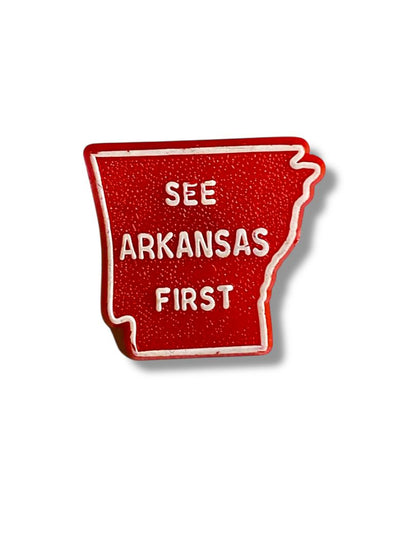 Vintage Red Plastic Lapel Pin See Arkansas First State .75"