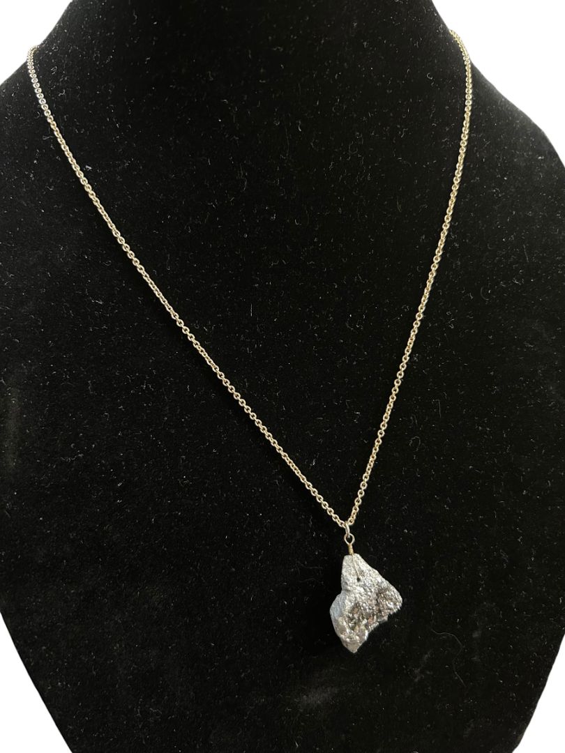 Rough Pyrite Necklace 28" Goldtone Chain 1" Stone