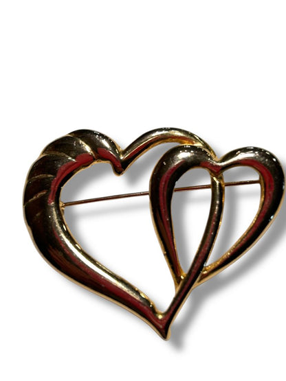 Goldtone Brooch Pin Intertwined Joined Hearts 1.75"