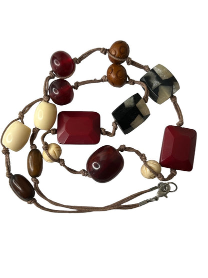 Vintage Boho 32" Necklace Knotted String Wood and Acrylic Chunky Beads