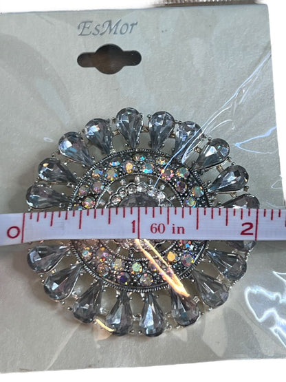 NEW Silver Tone Rhinestone EsMor Statement Flower Brooch Round