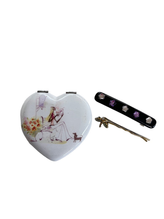 Compact Mirror Heart Shape French Theme Hair Pin Barette