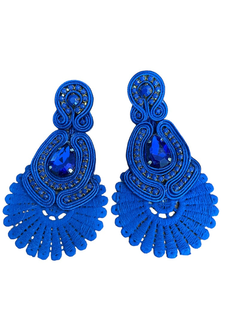 Soutache Post Pierced Statement Flat Ribbon Earrings Royal Blue 3.75"