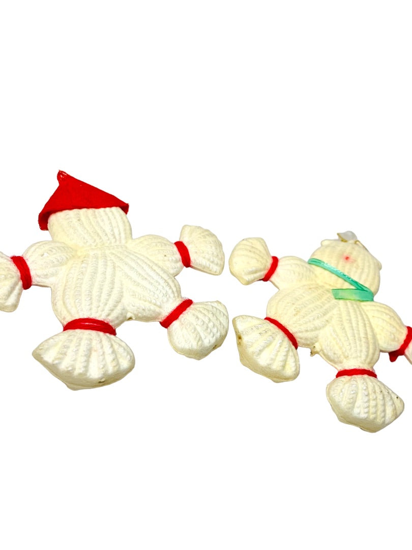 Set of 2 Midcentury Flocked Scarecrow Snowman Ornaments 4.5" Cute