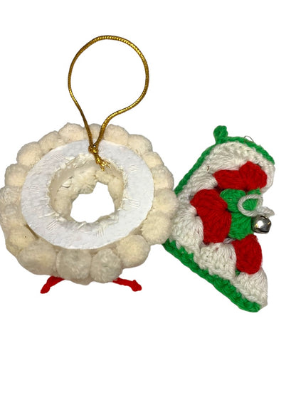 Set of 2 Vintage 1980s Handmade Christmas Holiday Ornaments Stocking Crochet Pom Pom Wreath