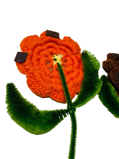 Handmade Vintage 1970s Flower Magnets Orange Brown Crochet Chenille Pipe Cleaner 7"