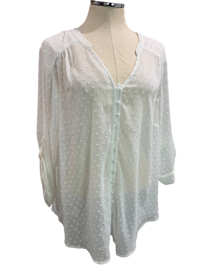 3X Torrid Womens Sheer White Swiss Dot Blouse Button Up Shirt Roll Tab Sleeves