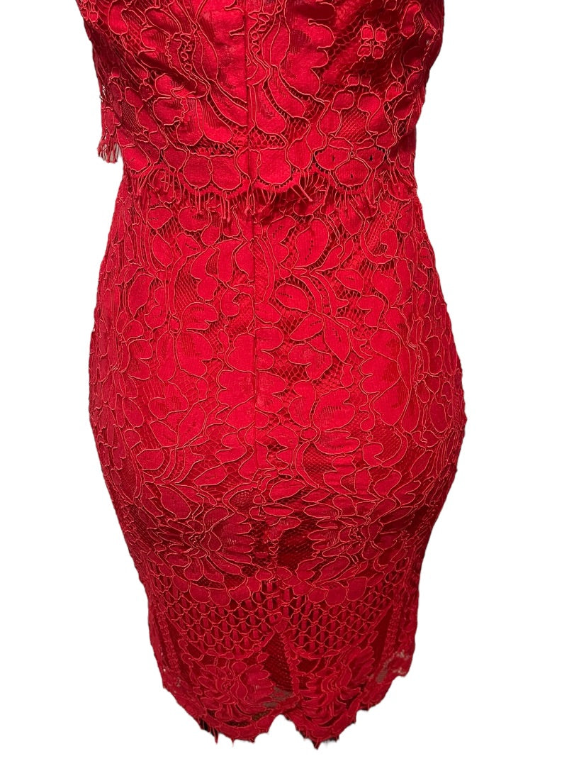 XS Lulus Sweetness Lace Crochet Overlay Sleeveless Fitted Midi Dress Back Zipper Red