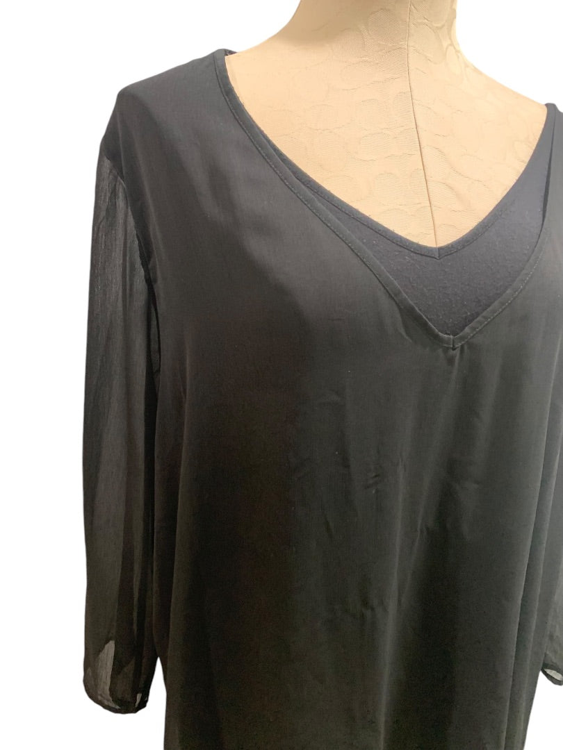 3X New Directions Curvy Soft Black V-Neck Pullover Top Shirt Sheer Sleeve Overlay