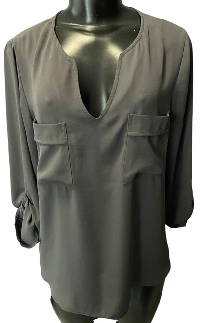 Medium Veronicam Womens Popover Blouse Roll Tab Sleeve Pockets Shirt