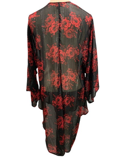 1X/2X Torrid Womens Open Kimono Rose Print Silver Threading