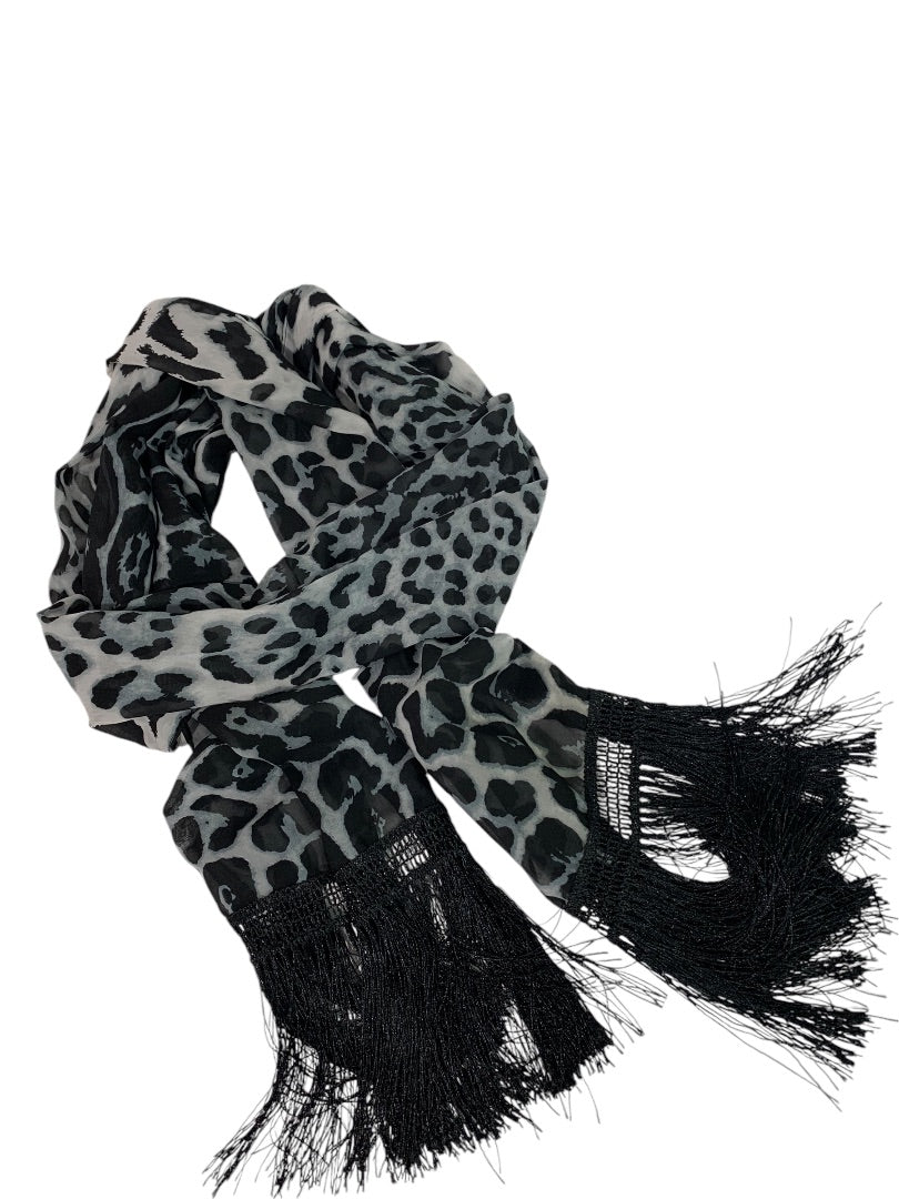 Womens Animal Print Fringed Scarf Lightweight Black White 84x18 Inches