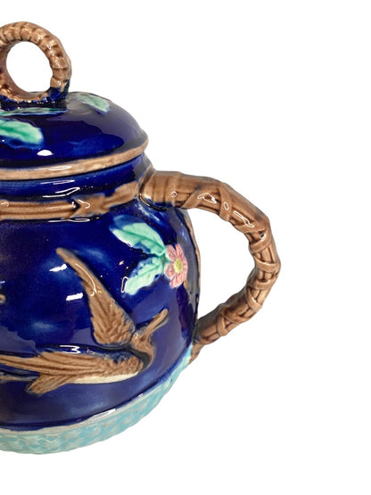 Majolica Flying Crane Teapot Cobalt Blue Forester Aesthetic