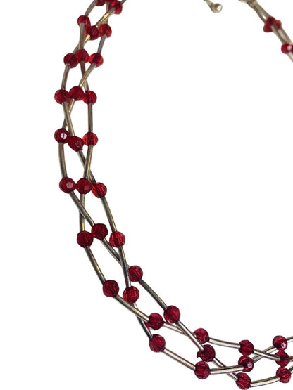 Silvertone Red Braided Strand Beaded Necklace 15-17 Inches Lobster Clasp