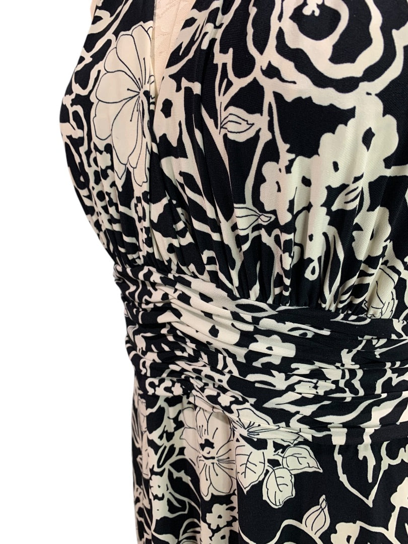 Size 12 Jones Wear Dress Black Ivory Print Pullover Stretch A-Line Midi