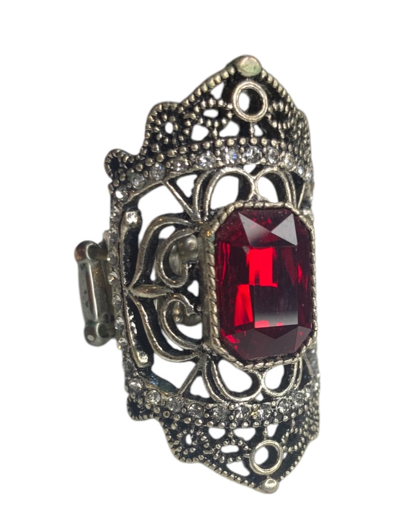Silvertone Red Glass Womens Statement Stretch Ring Adjustable 1.75 Inch