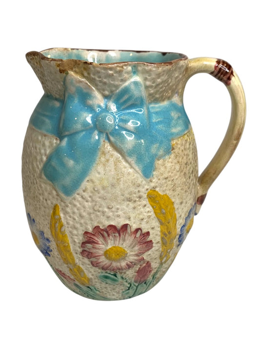 Antique Simon Fielding Majolica Pitcher Pottery Wildflower Blue Bow 4.5 Inch