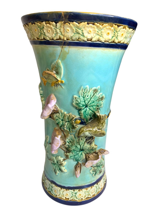 Antique Majolica Holdcroft Vase Wren Calla Lilies Cracks Chips 10.5"