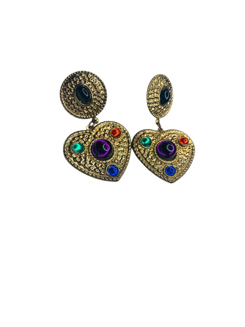 1980s Heart Goldtone Lightweight Earrings Post Pierced 2.3" Drop