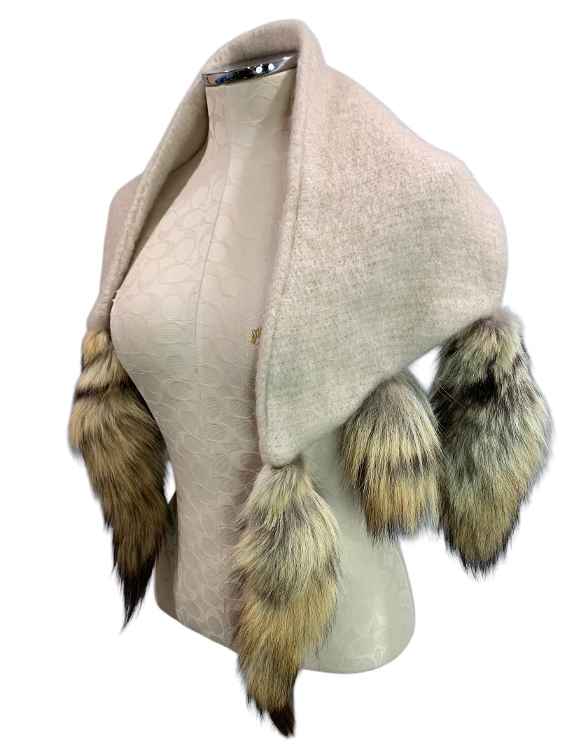 Adrienne Landau Readers Wrap Shawl Scarf Mohair with Fox Tails Vintage 26"l