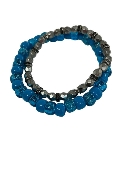 Set of 2 Acrylic Stretch Bracelets Silvertone Teal Sparkly