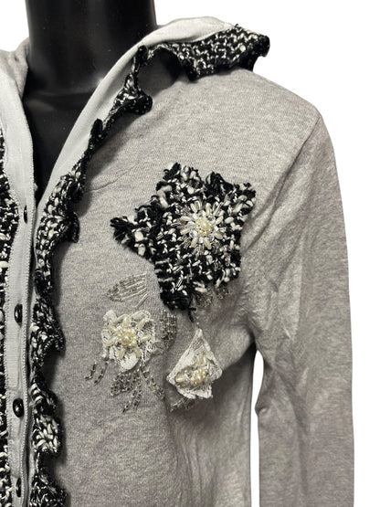 Large Charlotte Womens Gray Cardigan Sweater Hooded Cotton Rosettes