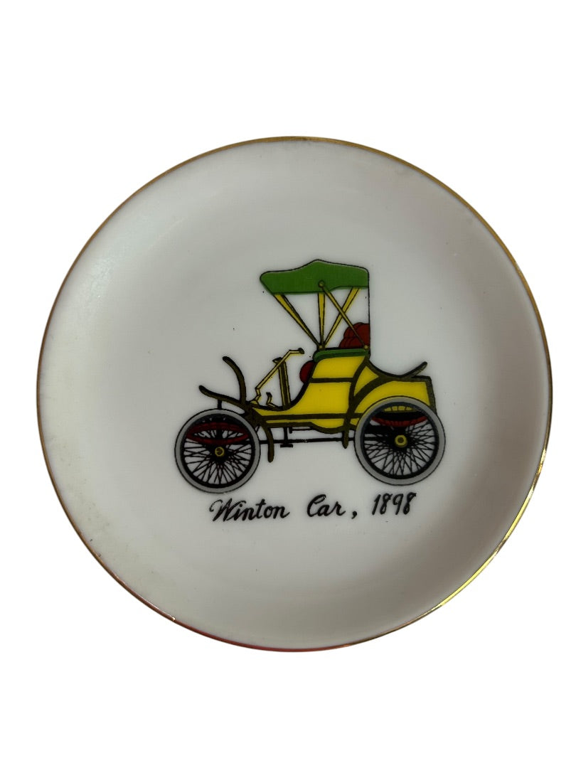 Vintage Set of 4 Antique Car 4” Gold Rim Porcelain Coasters Plate Ashtray