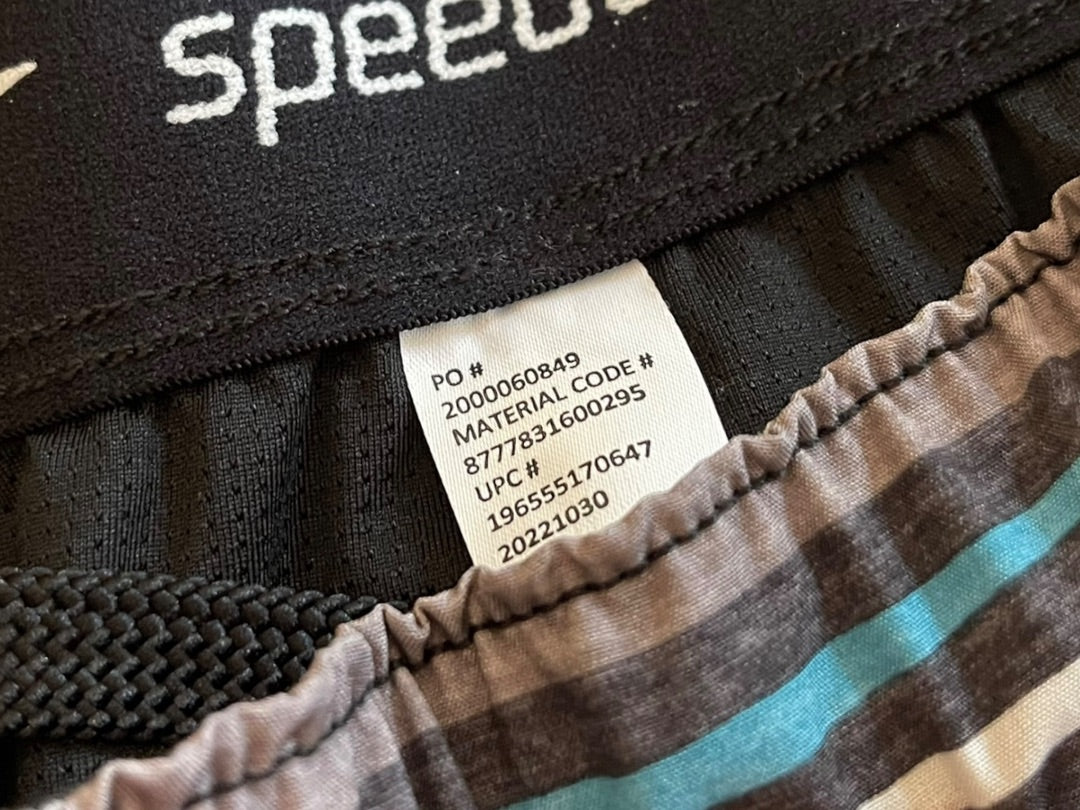 Large Speedo Striped Board Shorts Drawstring Gray Blue Mens Swim