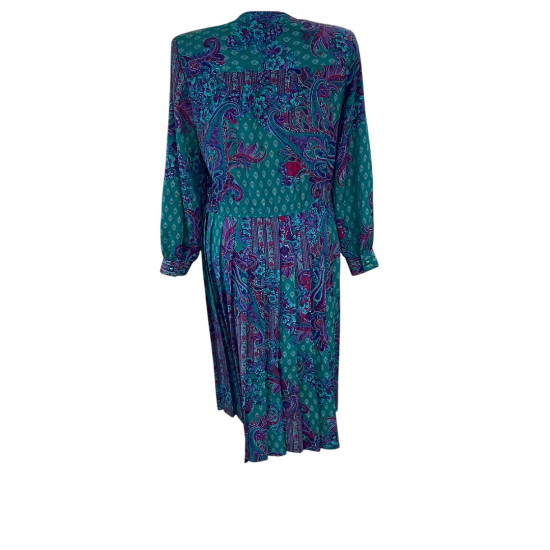 Size 14 Schrader Womens 1980s Polyester Dress Shoulder Pads Pleated Green Purple