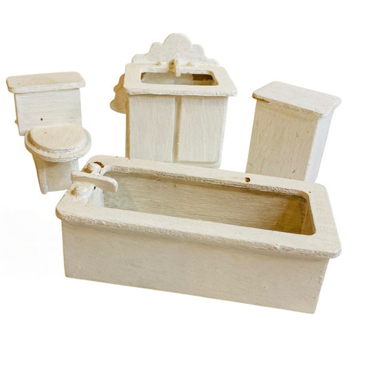 1980s Wooden Dollhouse Miniature White Set of 4 Bathroom Sink Tub Hamper Toilet