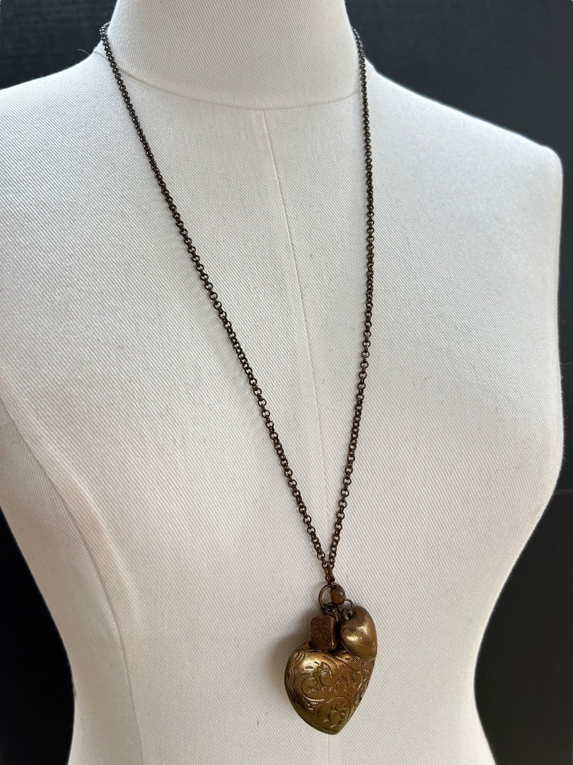 Copper Color Charm Necklace Overhead 29 Inch Chain Puffy Heart