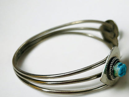 Silvertone Open Bangle Bracelet 2 Hearts Polymer Clay Faux Turquoise