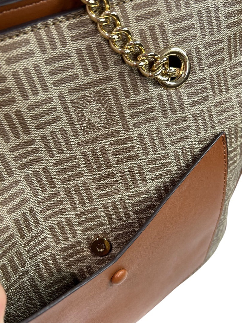 Anne Klein Tote Bag Brown Tan Monogram Chain Strap Purse Zip Pocket Logo