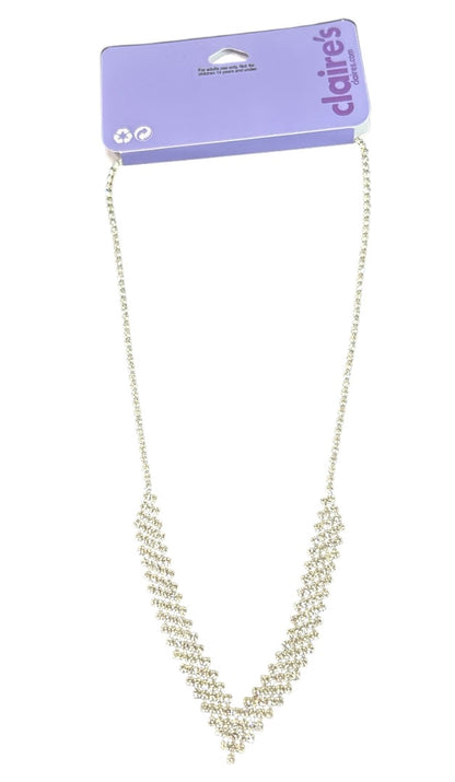 Claires Silvertone Rhinestone V-Necklace New Lobster Clasp 18-22 Inch
