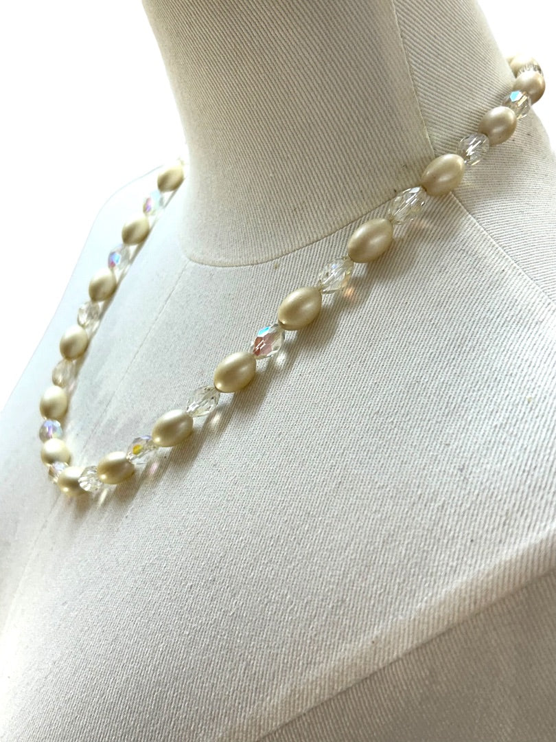 Vintage Faux Pearl Aurora Borealis 22-25 Inch Necklace Hook Closure