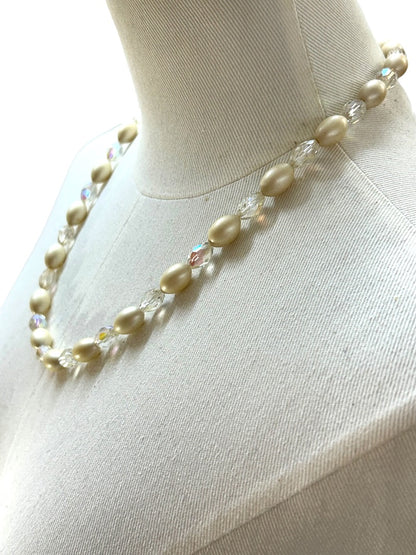 Vintage Faux Pearl Aurora Borealis 22-25 Inch Necklace Hook Closure