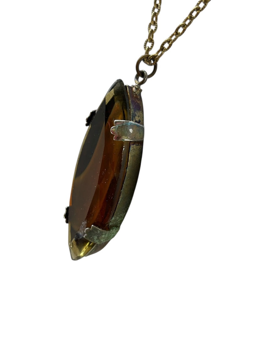 Vintage Goldtone Chain Pendant Necklace Acrylic Amber 23 Inch
