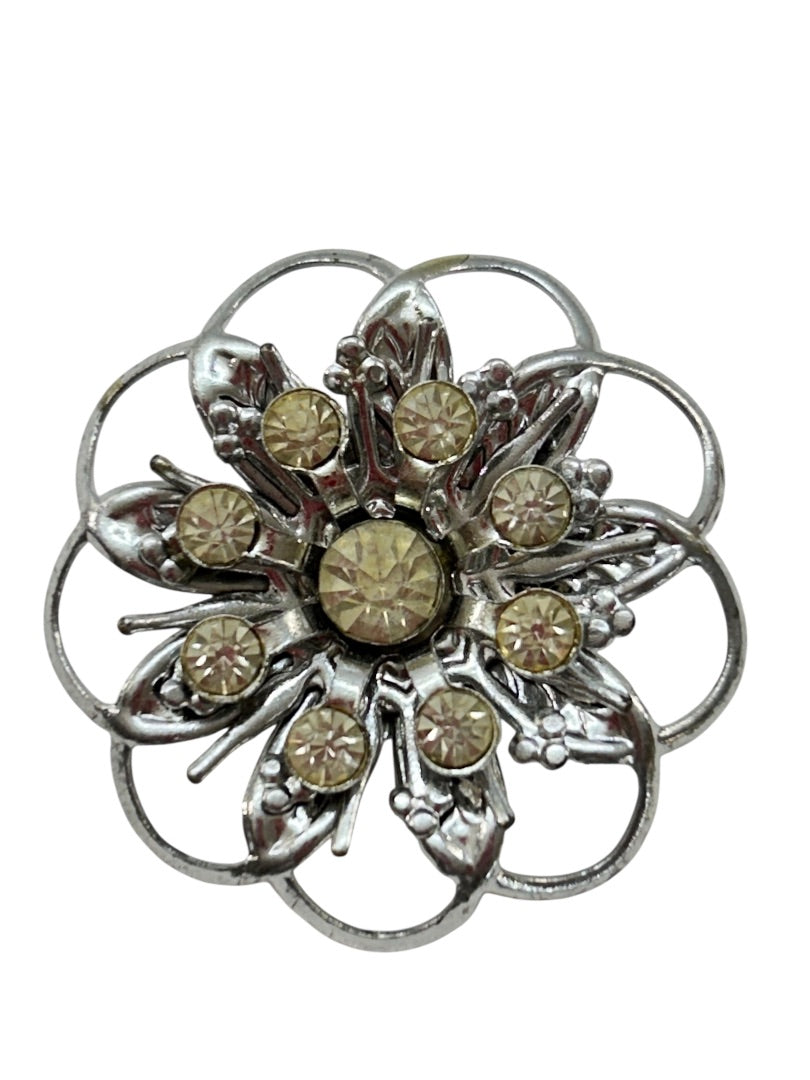 Silvertone Brooch Flower Shape Yellow Rhinestones 1.5 Inch Vintage