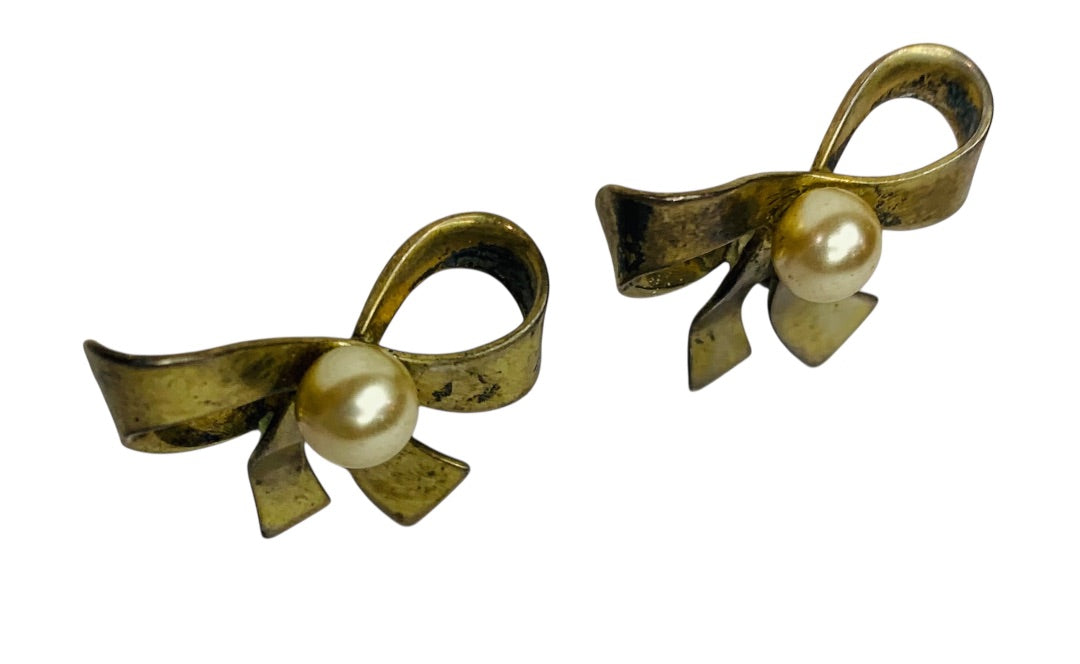 Sterling Silver Goldtone Bow Earrings Clip-On Screwback Faux Pearl .9 Inch