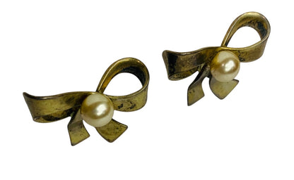 Sterling Silver Goldtone Bow Earrings Clip-On Screwback Faux Pearl .9 Inch