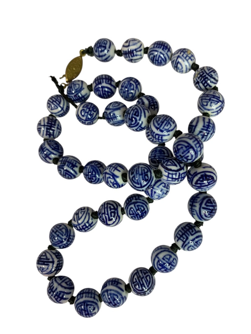 Vintage Asian Ceramic Beaded Hand Knotted Necklace 21 Inch Fish Hook Clasp