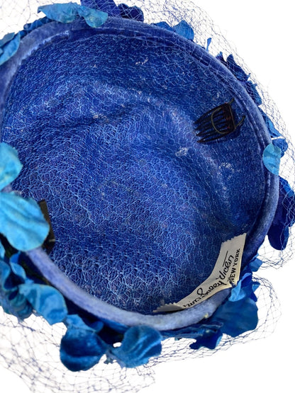 Blue Floral Veil Hat 1950s Net Fascinator Pillbox Style Miss Sally Box John Wanamaker