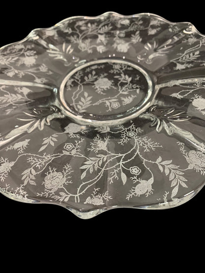 Fostoria Chintz Vintage Etched Glass Handled Cake Plate 10.25 Inch