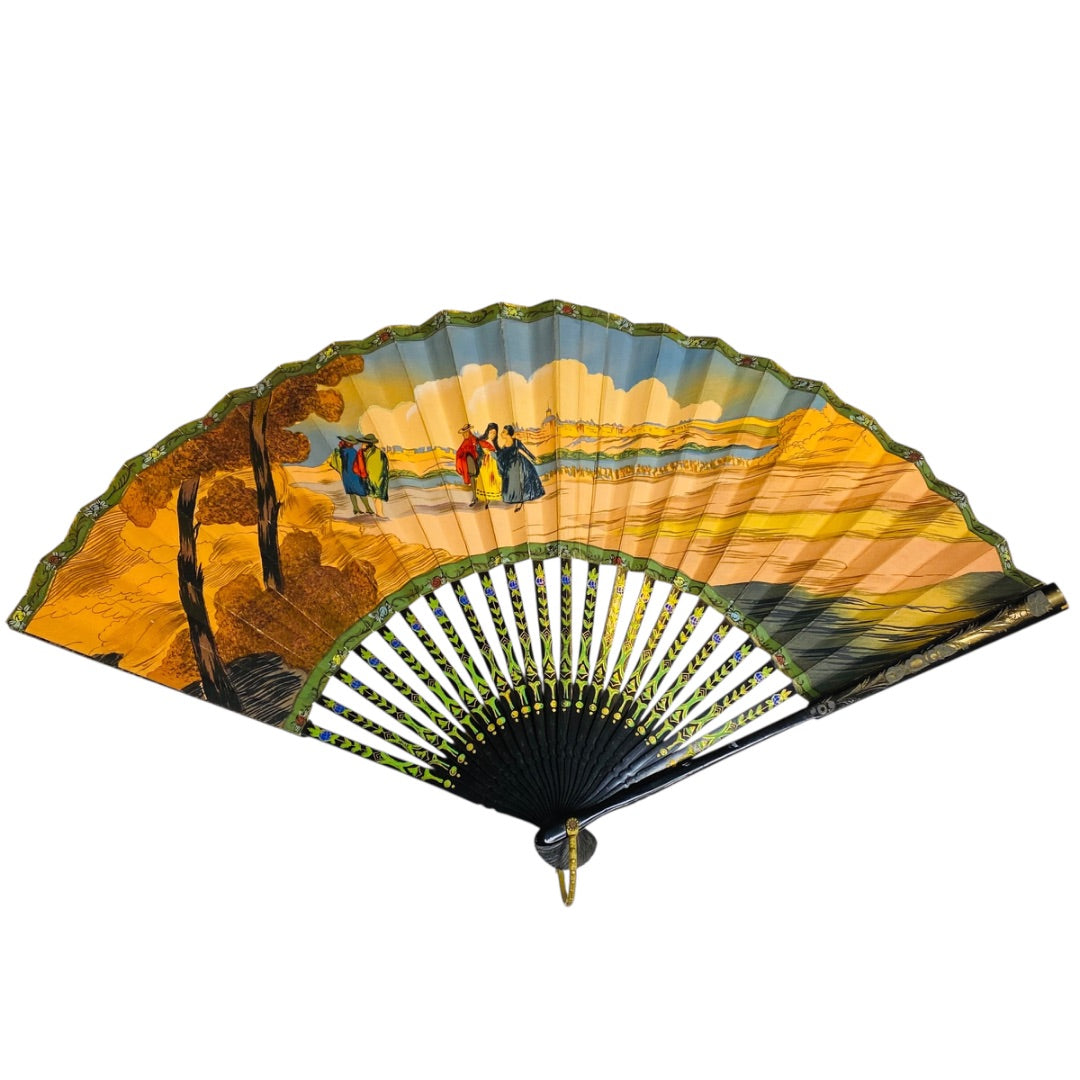 Vintage Hand Fan Vibrant Asian Paper Black Lacquer 10.5 Inch