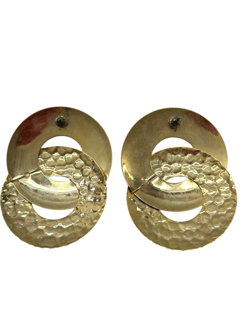 Vintage Goldtone Statement Earrings Hammered Pierced 2.2 Inch