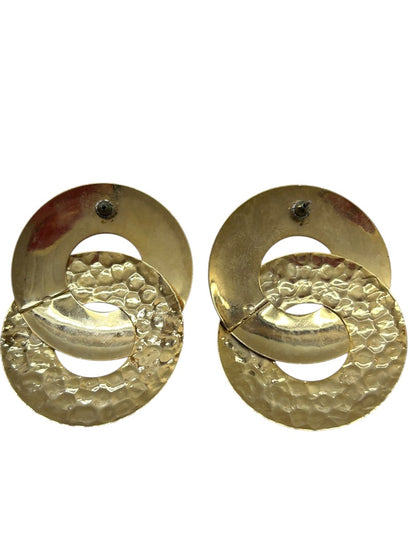Vintage Goldtone Statement Earrings Hammered Pierced 2.2 Inch
