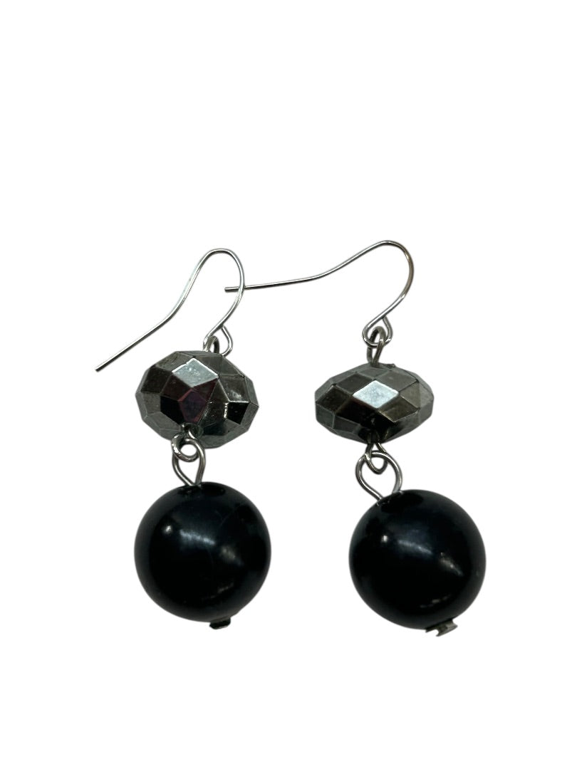 Silvertone Black Fish Hook Earrings 1.6 Inch Drop Pierced